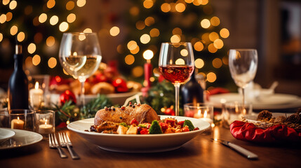 Festive table setting for Christmas or New Year dinner. Selective focus.