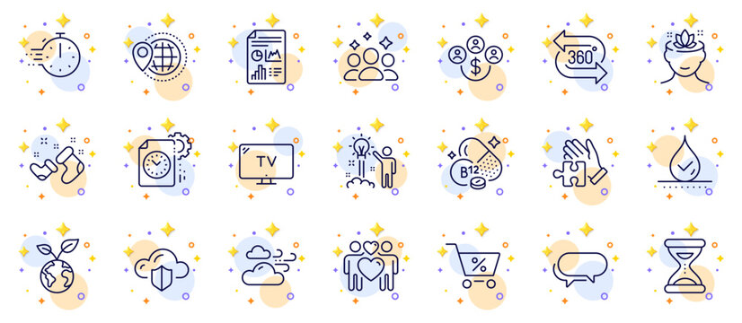 Outline set of 360 degree, Puzzle and Report document line icons for web app. Include Yoga mind, Save planet, Waterproof pictogram icons. Santa boots, Windy weather, Cobalamin vitamin signs. Vector