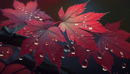 red autumn leaves, Sparkling Autumn Treasures Red Maple Leaves on Branches Adorned with Raindrops, nature's ability to transform simplest moments into a dazzling display of beauty and resilience, Ai 