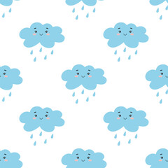 Rain clouds kawaii characters seamless pattern. Cute baby background with smiling clouds. Cartoon print for kid textile, wallpaper, design, vector illustration