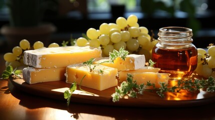 Cheese Grapes Honey On Table Delicious, Background HD, Illustrations