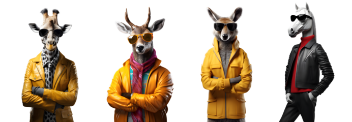 Set of creative animals head wearing trendy modern style clothes standing posing, Wear colorful sunglasses, Contemporary artwork, giraffe, deer, kangaroo, horse, isolated on white background