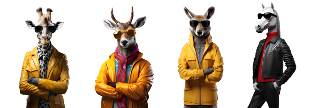 Set of creative animals head wearing trendy modern style clothes standing posing, Wear colorful sunglasses, Contemporary artwork, giraffe, deer, kangaroo, horse, isolated on white background