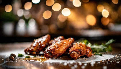 Foto auf Acrylglas Antireflex Copy Space image of Grilled chicken wings with sauces on a wooden board. Traditional baked bbq buffalo wing on bokeh background. © ImagineWorld