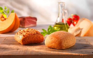 Brötchen, Holzbrett, Schinken, Frühstück, Kürbis, Käse, 