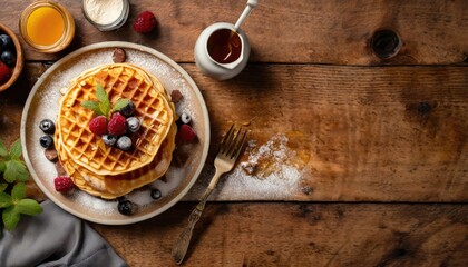 Copy Space image of Freshly made belgian waffles with honey flows and powdered sugar. - obrazy, fototapety, plakaty