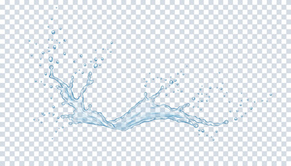 Translucent water flow with drops realistic vector illustration. Liquid splashing with bubbles 3d element on transparent mesh background - obrazy, fototapety, plakaty
