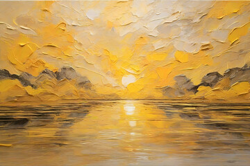 Abstract art landscape painting, background illustration. Sunset artwork on canvas, Yellow hand drawn wall art with water reflection