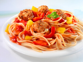 Vollkornspaghetti, Hackbällchen, Paprika, Nudeln, Spaghetti,