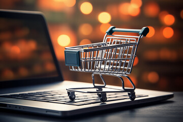 Online shopping e-commerce and customer experience concept. Cute Shopping cart on a laptop keyboard, depict shopper consumers buy or purchase goods and services at home or office.  - obrazy, fototapety, plakaty