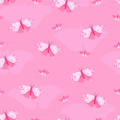 Y2K pink seamless pattern. Y2K trendy pattern with sparkle butterflies. Pink doll aesthetics. Vector seamless background.