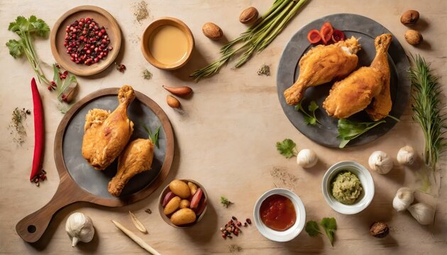 Copy Space image of Breaded chicken drumstick, leg, wing and breast tenders strips. Dark Wooden background.