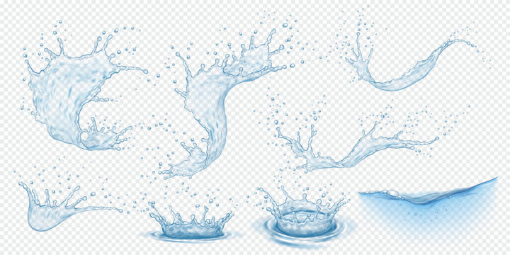 Water splashes with falling drops realistic vector illustration set. Splattering liquid with droplets 3d elements on transparent background