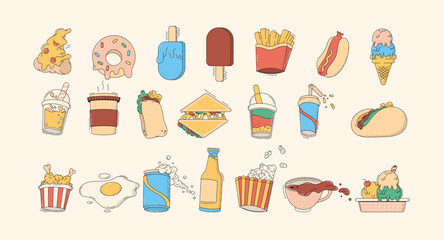 Fast food and drinks retro cartoon style vector illustration set. Tasty snacks and beverages vintage animation art design. Kids cafe menu