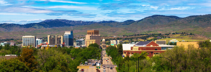 Panorama of downtown Boise, Idaho, with Capitol Blvd leading to the Idaho State Capitol building in...