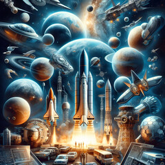 A visually stunning poster showcasing the marvels of the cosmos, rockets soaring through space, and key milestones in the ongoing journey of space exploration.