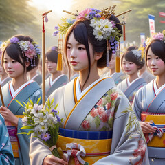 A design showcasing the elegance and diversity of traditional Japanese attire worn by young individuals celebrating their coming of age.