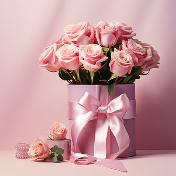 A picture of pink roses on the pink box with a pink ribbon on the top, flowers around the gift box.