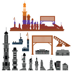 Stylized vector illustration of urban cityscape panorama building construction silhouette elements