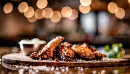 Copy Space image of Grilled chicken wings with sauces on a wooden board. Traditional baked bbq buffalo wing on bokeh background.