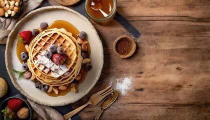 Copy Space image of Freshly made belgian waffles with honey flows and powdered sugar.