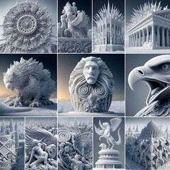 A captivating poster featuring masterpieces from the International Snow Sculpture Art Expo, showcasing intricate and awe-inspiring snow sculptures from artists around the globe.