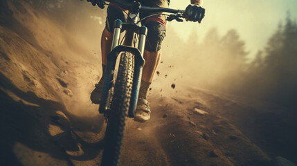 Close-Up Low Angle View of Mountain Biker on a Dusty Trail