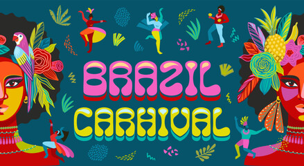 Banner with portrait of woman and people in brazil carnival outfit. Vector abstract illustration. Design for carnival concept and other - 695276699