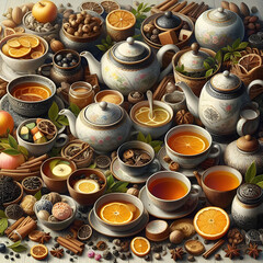 A graphic showcasing the rich and diverse tea cultures worldwide, incorporating visuals of tea varieties and traditional tea-drinking settings.