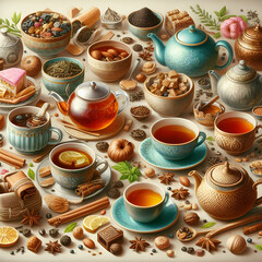 A visual symphony celebrating tea lovers globally, featuring a harmonious composition of various teas, cups, and teapots on International Hot Tea Day.