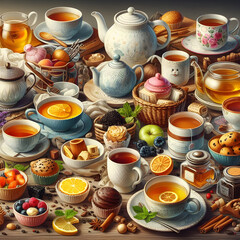A collage depicting cultural tea rituals from different parts of the world, capturing the essence of International Hot Tea Day in a visually appealing manner.