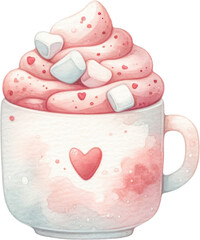 Watercolor Creamy Red Velvet Hot Chocolate Pastel Kawaii Cute Valentines Day Gourmet Sweets Delight Bakery Food Love Element Clipart