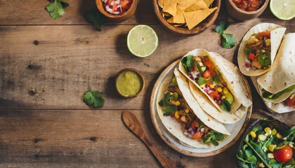 Copy Space image of Taco bar side border with an assortment of ingredients. Top view on a dark wood banner background