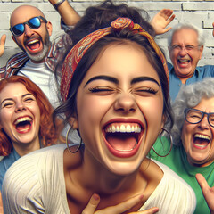 A humorous graphic capturing people laughing heartily, spreading joy and celebrating the lighthearted spirit of Global Belly Laugh Day.