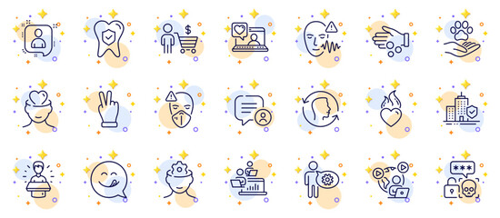 Outline set of Cyber attack, Voice wave and Apartment insurance line icons for web app. Include Video conference, Mental health, Cogwheel pictogram icons. Teamwork, Yummy smile, Face id signs. Vector