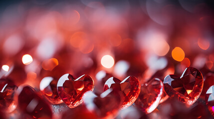 A closeup photograph of blurred small crystal red hearts as a background. Valentines day concept. Abstract background with crystal hearts. Valentine's day background
