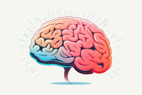 Colourful human brain cognitive Power, 3D icon Rendered illustrative ai artwork, thoughtful motley brain plasticity and brain waves in color dust, neural circuit symbol,  brain training and learning