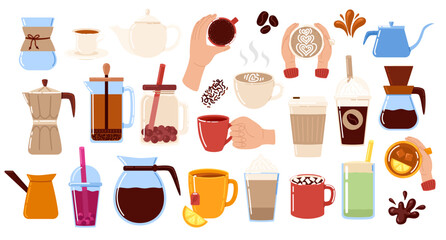 Collection hot drinks and beverage. Espresso coffee, cappuccino, latte, tea, bubble tea, matcha, cacao, chocolate.Vector illustration in doodle style