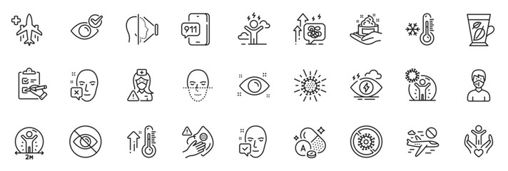 Icons pack as Not looking, Vitamin a and Stop coronavirus line icons for app include Health eye, Dirty mask, Difficult stress outline thin icon web set. Medical flight. Vector