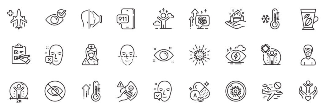 Icons pack as Not looking, Vitamin a and Stop coronavirus line icons for app include Health eye, Dirty mask, Difficult stress outline thin icon web set. Medical flight. Vector © blankstock