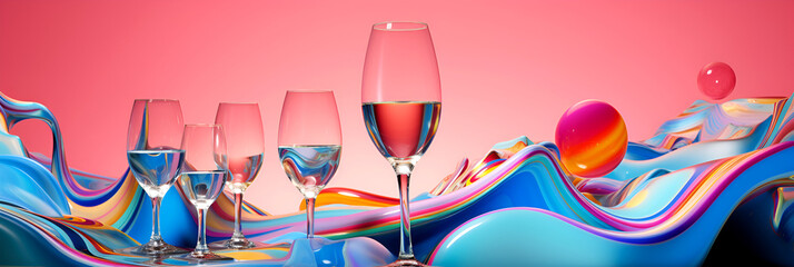A glass of sparkling wine on a bright background with empty space. Banner with geometric shapes.