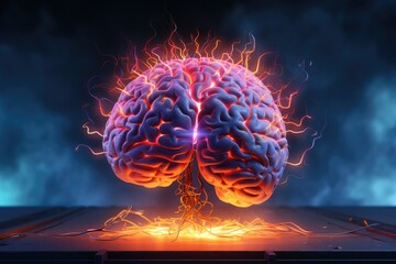 Human brain neon hologram with fire, long-term memory, storage of information, short-term memory, mind processing informations and stimuli, brain's neurons fire, deep learning and remembering process - obrazy, fototapety, plakaty