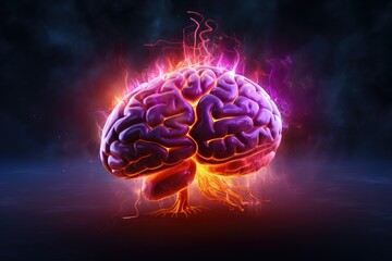 Human brain neon hologram with fire, long-term memory, storage of information, short-term memory, mind processing informations and stimuli, brain's neurons fire, deep learning and remembering process