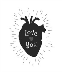 Love natural anatomical heart silhouette with Love you phase and splash around. 