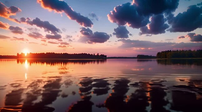 An animation of a bright sunset over a calm lake, with colorful reflections sparkling on the water
