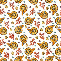 Seamless pattern with bright yellow clams and corals.