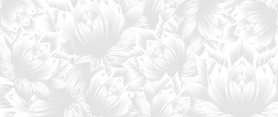 Floral background design with abstract white lotus flower pattern. Luxury vector horizontal template for Valentine's Day congratulation card, wedding invitation, flyer, gift certificate on 8 March.  - obrazy, fototapety, plakaty