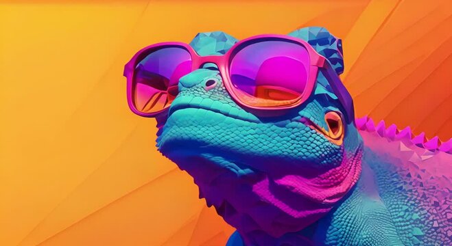 chameleon wearing glasses on a solid color background