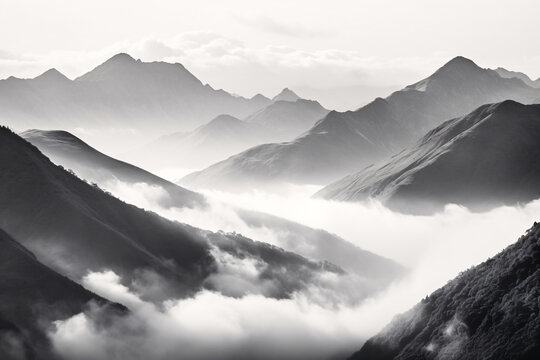 Stunning Black and White Landscape Painting of Mountains in Fog