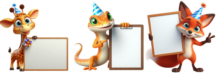 Cutout Set of 3 Cute 3D Animals (Giraffe, Gecko, and Fox) Holding Blank Board for Festive Birthday, New Year, and Party - Isolated on Transparent PNG Background